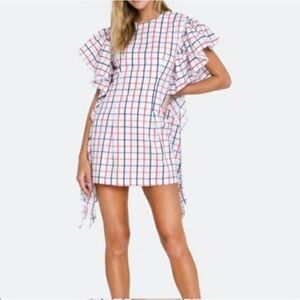 Anthropologie Red and Blue Plaid Ruffle Mini Dress